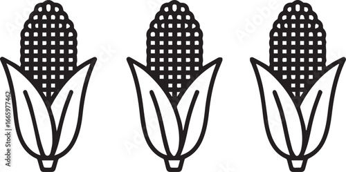 Three black and white corn cob icons maize kernels