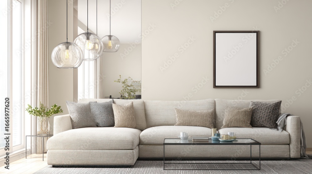Fototapeta premium Modern Light Living Room Sofa with Neutral Cushions and Elegant Pendant Lights