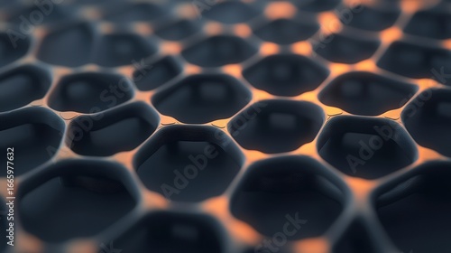 A close-up view of a honeycomb-like structure with a textured surface and a warm orange glow emanating from its center.