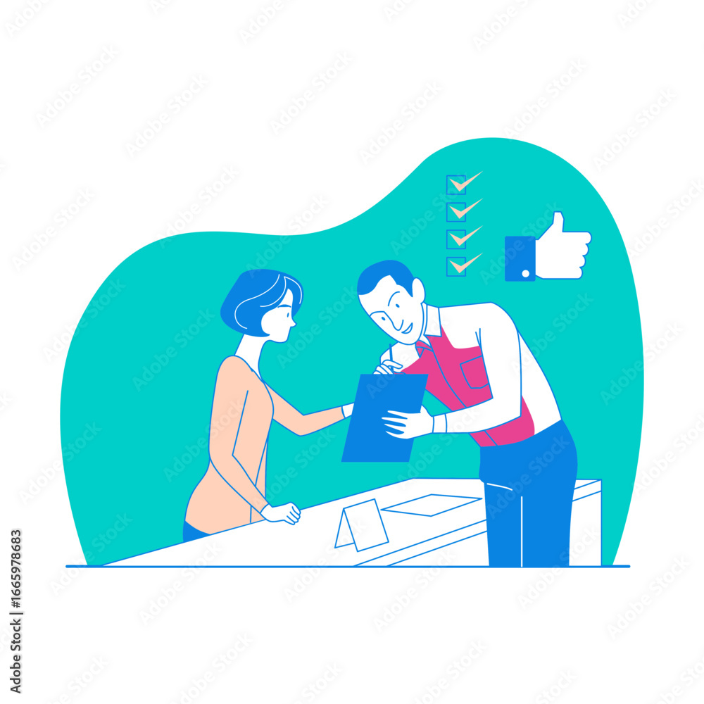 Fototapeta premium Sales Man. Customer service interaction with checklist and thumbs up isolated on transparent background.