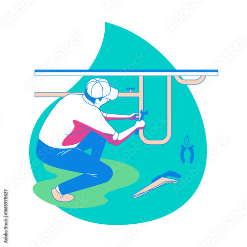 Plumber. Plumber fixing pipes with tools isolated on transparent background.