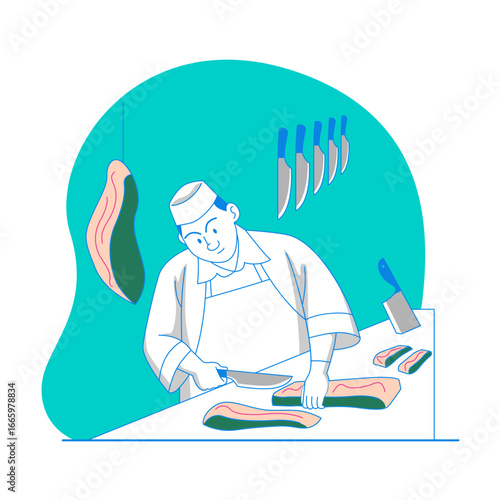 Butcher. Butcher cutting meat with knives isolated on transparent background.