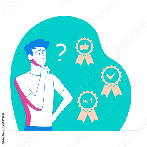 Customer Choices. Man thinking about choosing a reward or award isolated on transparent background.