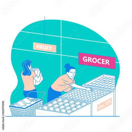 Grocer. People shopping for groceries at a supermarket with fruit and discount signs isolated on transparent background.