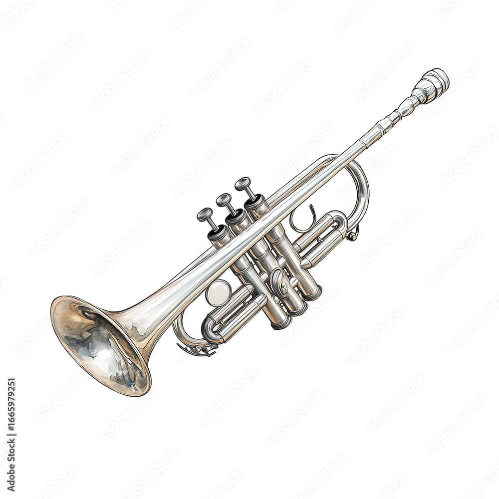 Obraz premium Shiny silver trumpet isolated on transparent background