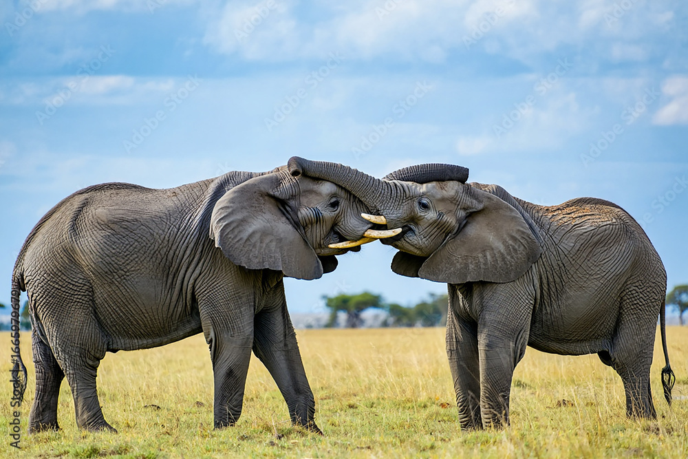 Fototapeta premium Elephants Facing Each Other with Intertwined Trunks in Wild Savanna