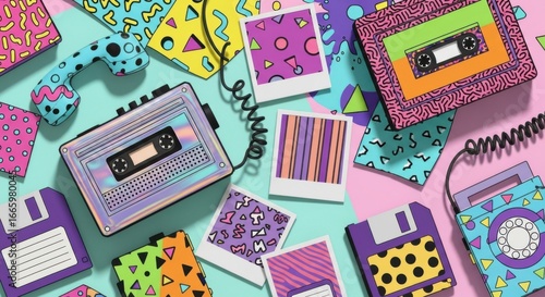 Nostalgic 1980s and 1990s retro tech and music assortment flat lay composition