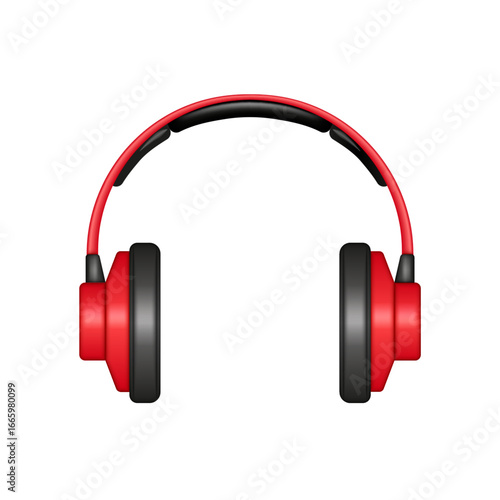 Red and black over-ear wireless headphones front view 3d vector realistic model mockup isolated on white background, bluetooth audio technology accessory for music, gaming, sound, and lifestyle design
