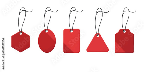 Red Blank Price Tags Vector Set,  Hanging Labels in Various Shapes for Sale, Discount, and Promotion
