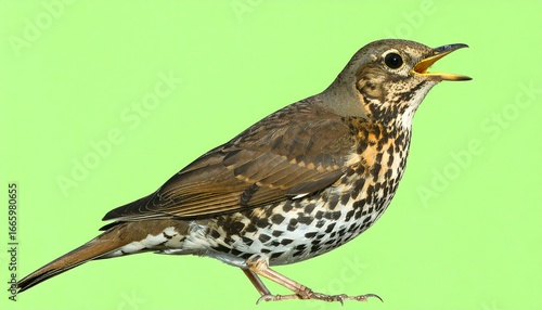 Detailed Side Profile of a Song Thrush with Open Beak on Green Background