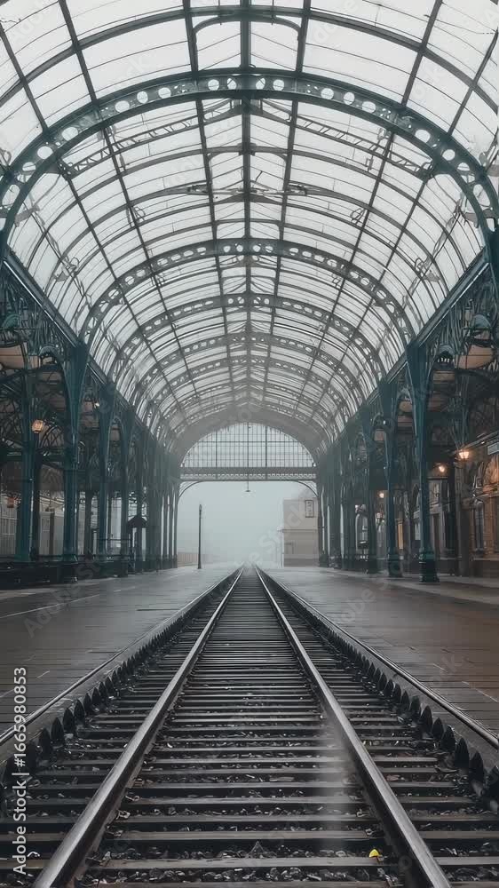 A Serene Railway Station in Fog: Capturing the Tranquility of Abandoned Tracks and Elegant Architecture Beneath a Glass Canopy A Serene Railway Station in Fog: Capturing the Tranquility of Abandoned Tracks and Elegant Architecture Beneath a Glass Canopy