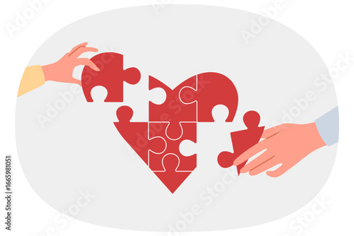 Heart symbolizing charity and mercy consists of puzzles carefully assembled by hands of people. Importance of charity and donor activity for collecting donations for social needs and helping sick