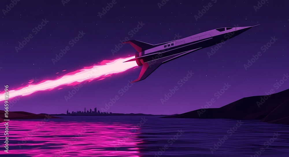 Obraz premium Rocket Launch at Night Over Water.