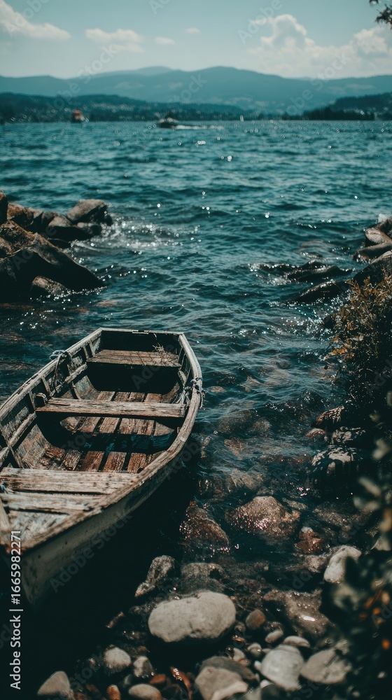 Obraz premium Small Boat by the Stony Shoreline