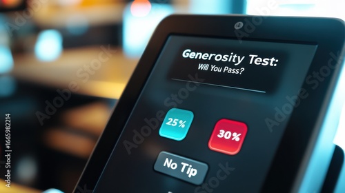 Restaurant checkout tablet close-up Generosity Test text massive tip buttons bright colors tiny no tip button dull gray dark pattern UX design.