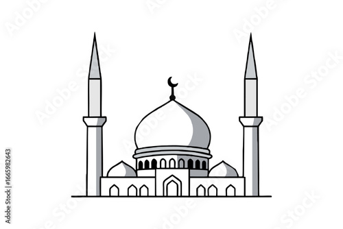 Minimalist vector illustration of a mosque with one dome and two minarets, line art style, white background