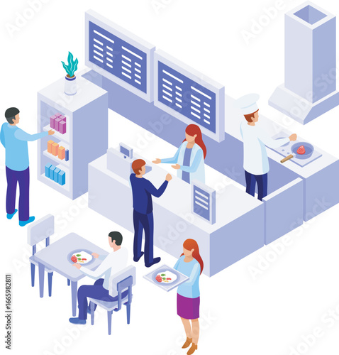 Kitchen Isometric Illustration, Food Court Isometric Illustration – Restaurant Counter, Customers, and Chef