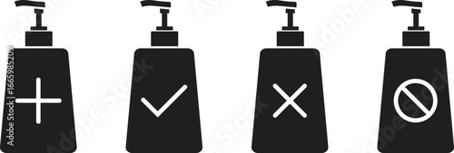 Vector pump dispenser bottle icons with plus, check, cross, and prohibition symbols in solid and outline style, perfect for hygiene, cosmetic packaging, healthcare, and cleaning design use.