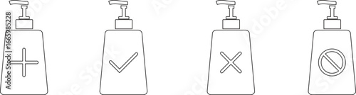 Vector pump dispenser bottle icons with plus, check, cross, and prohibition symbols in solid and outline style, perfect for hygiene, cosmetic packaging, healthcare, and cleaning design use.