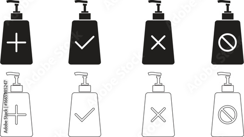 Vector pump dispenser bottle icons with plus, check, cross, and prohibition symbols in solid and outline style, perfect for hygiene, cosmetic packaging, healthcare, and cleaning design use.