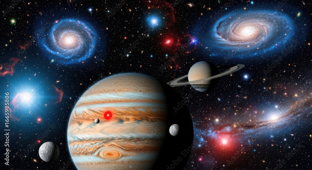 Naklejka premium Vibrant galaxy, planets, and stars, colorful cosmic scene, astronomy background, space exploration