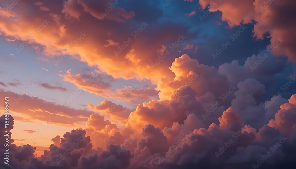 Fototapeta premium Dramatic sunset sky filled with vibrant orange and purple clouds creating a dreamy scene