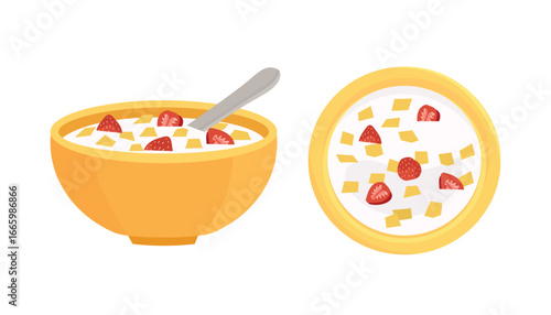 Strawberry cornflakes. Breakfast illustration. Porridge illustration.