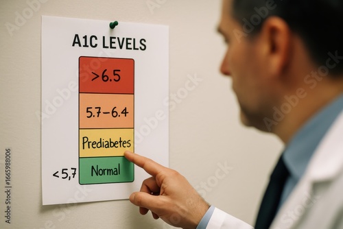 A doctor points at a chart explaining A1C levels on a wall, highlighting the prediabetes and diabetes thresholds for awareness.