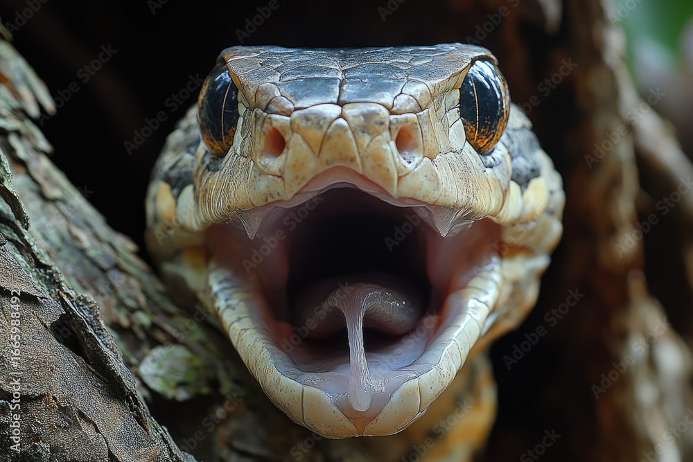 Fototapeta premium Close-Up Of A Predator Snake Attacking From Tree Branch
