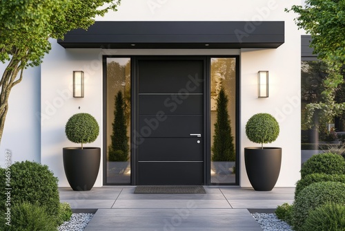 The contemporary design of a black fiberglass entry door with a sidelight window results in a sophisticated modern home entrance