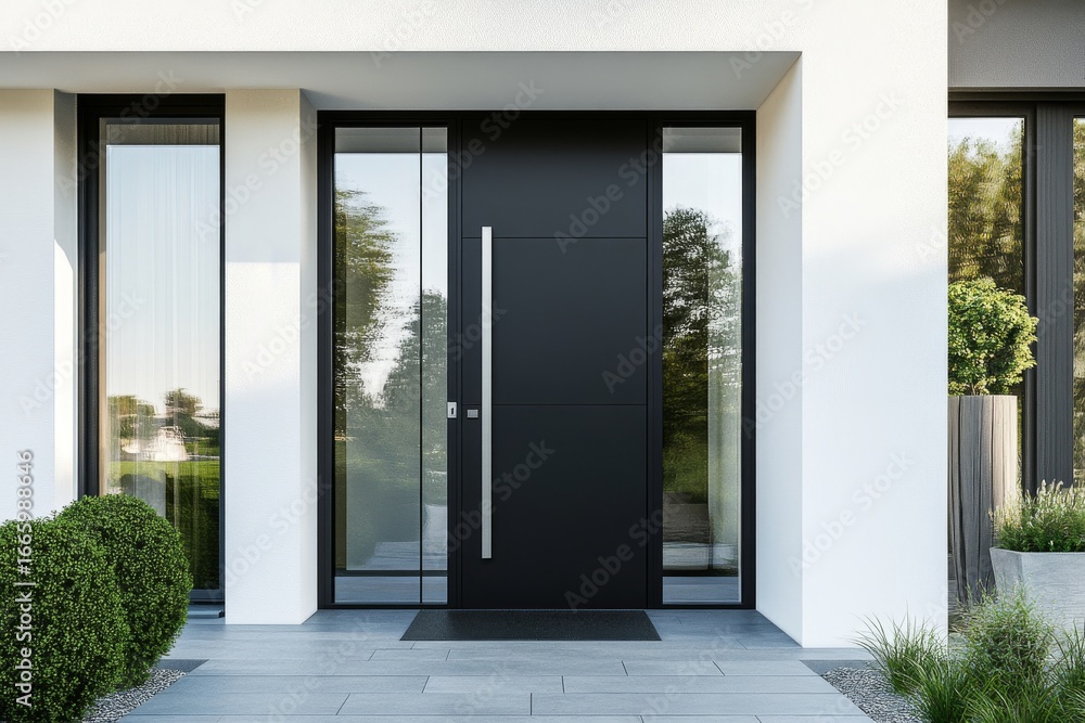 Fototapeta premium A black fiberglass entry door paired with a sidelight window forms a contemporary and sophisticated modern home entrance design