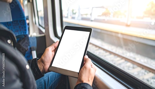 Commuting made easy with modern tablet on train, bright blank screen perfect for your app or website promo