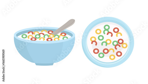 Blue bowl with colorful cereal ring. Bowl of milk.