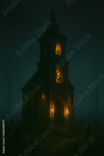 Spooky church in a foggy graveyard with illuminated windows and vines haunted church gothic church