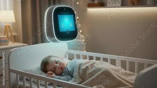 Baby in crib with smart monitor in cozy nursery