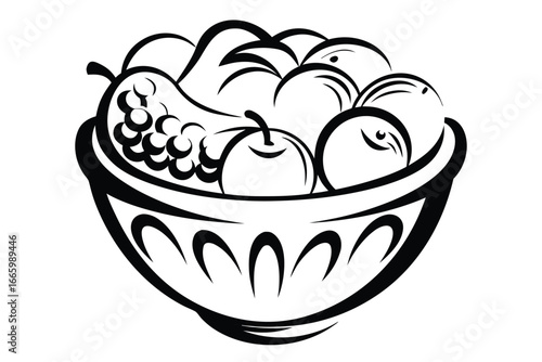 Bowl of Fruits Outline Apples, Pears, Grapes, Oranges, White Background