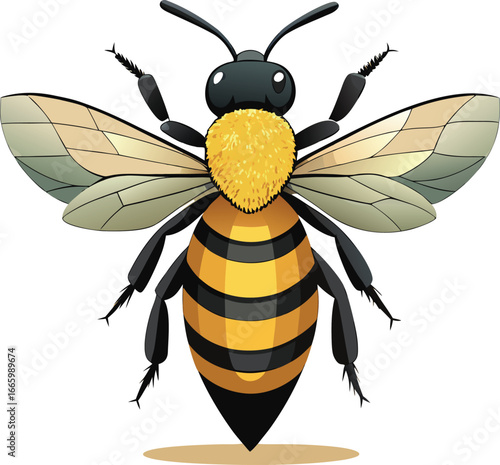 Detailed illustration of a honeybee with striped abdomen and translucent wings on white background