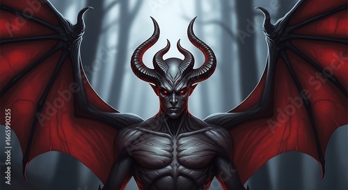 Dark Demon Figure with Red Wings and Horns.