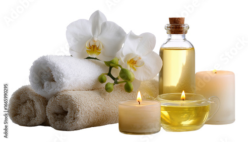 Realistic spa elements isolated on a white background, including candles, orchid flowers, wooden vases with a tea towel, beauty treatments for skin care and body massage, and relaxation in a wellness 