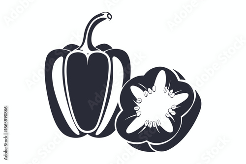 Black Outline of a Bell Pepper with Halved Pepper on White Background