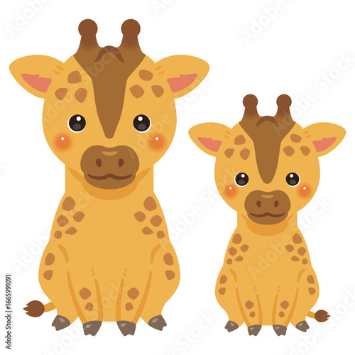 お座りしたキリンの親子イラスト