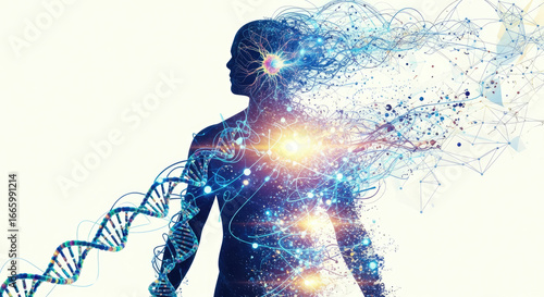 Silhouette of a person with dna strand and network connections on a white background