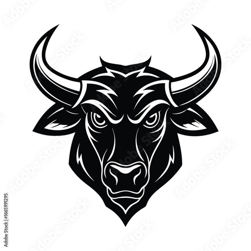 Fierce black bull head emblem with powerful horns and intense gaze