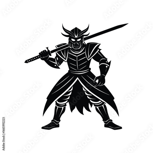 Fierce samurai warrior in full armor holding a katana sword ready for battle