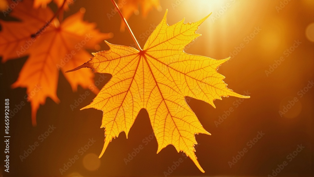 Fototapeta premium Golden autumn maple leaf close up glowing in warm sunlight, detailed texture with orange and yellow tones, seasonal fall foliage background, natural forest scene, cinematic bokeh, nature photography