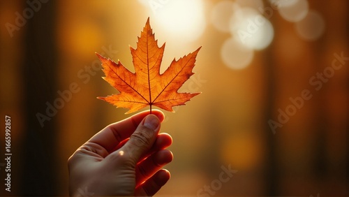 Hand holding autumn maple leaf close up with warm golden sunlight, seasonal fall foliage background, orange and brown tones, cinematic bokeh, nature forest scene, detailed macro photography