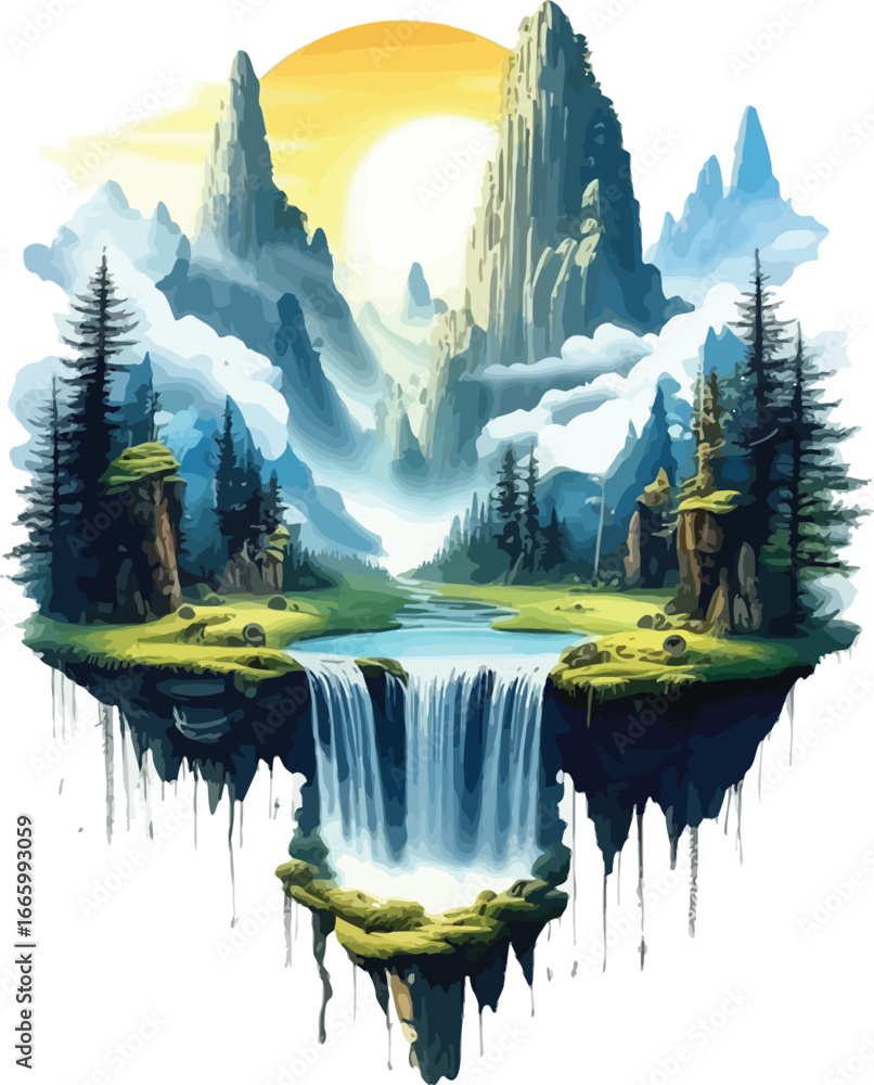 Fantasy Landscape with High Cliffs and Ethereal Clouds Stock Vector ...