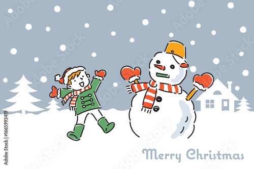 大きな雪だるまを作って喜ぶ子どものポストカード