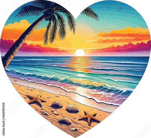 Romantic Beach Sunset with Starfish and Palm Tree in Heart Shape