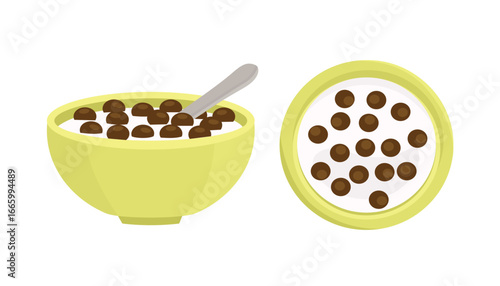 Chocolate ball crunchy. A bowl of crispy chocolate snack with milk.